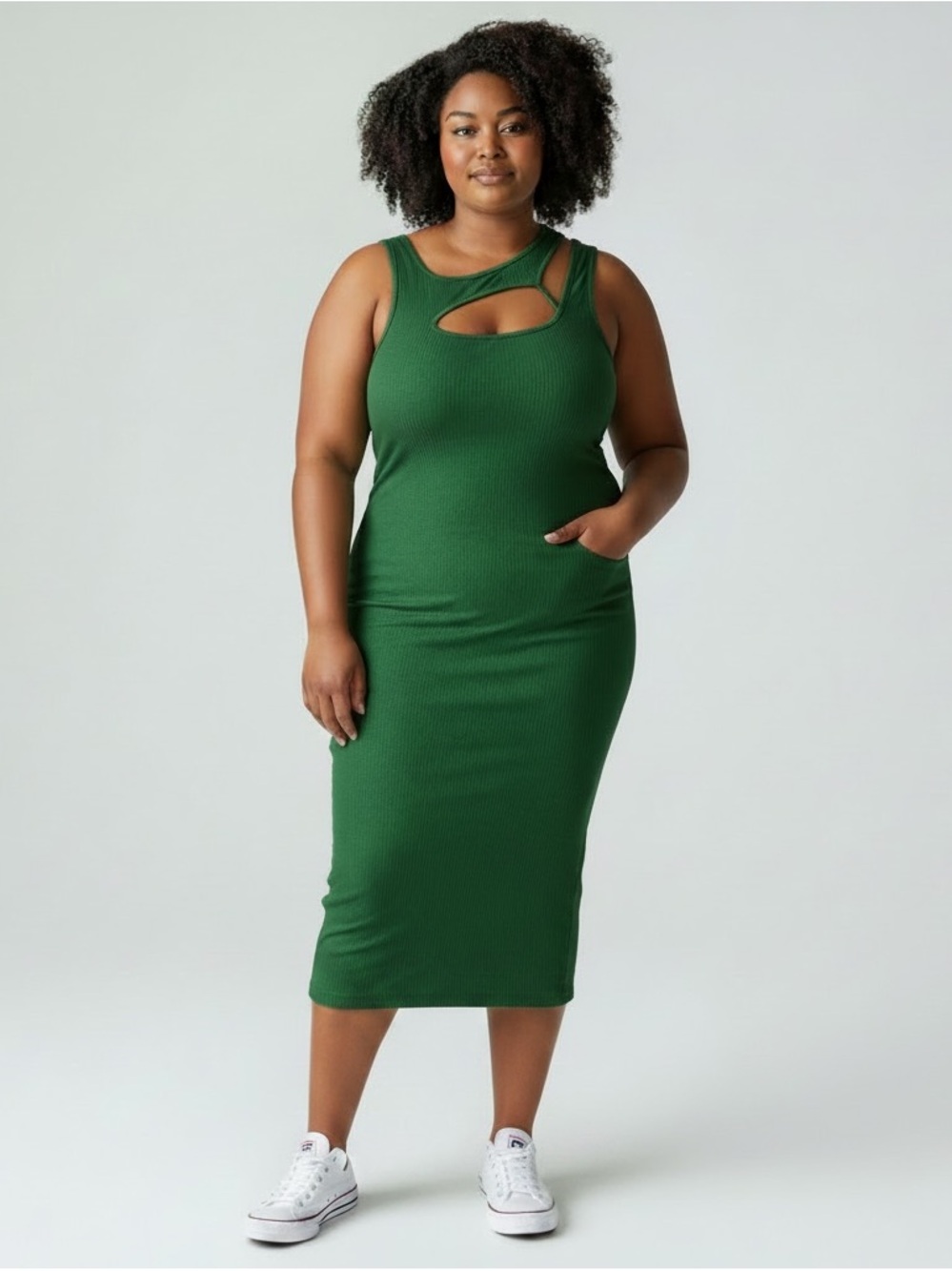 Sleeveless Cutout Ribbed Midi Dress - Green
